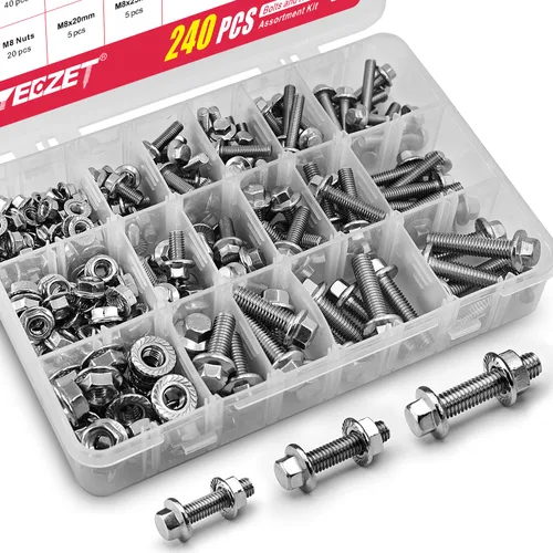 Juego de 240 tornillos y tuercas con brida M5 M6 M8, tornillos hexagonales métricos con brida de acero inoxidable 304 Incluye las 14 medidas más Kit