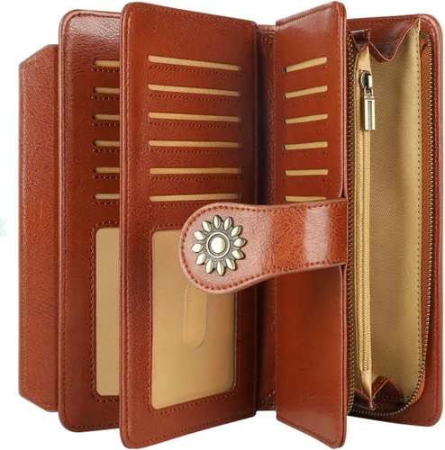 Miniatura 5 de Lavemi Carteras de cuero genuino de gran capacidad con bloqueo RFID para mujer, tarjetero con correa para la muñeca