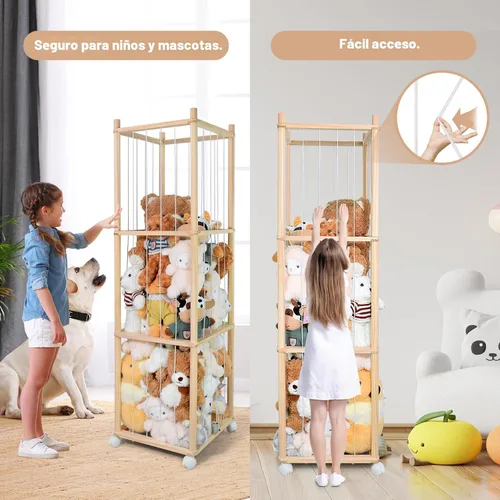 Miniatura 3 de Almacenamiento de animales de peluche, almacenamiento de zoológico de animales de peluche de madera con ruedas de freno, organizador de juguetes