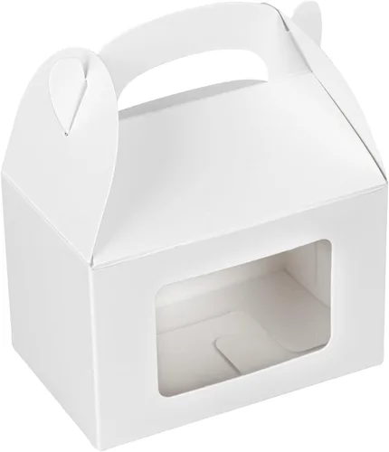 Bio Tek - Cajas a dos aguas de 4 x 2.5 x 2.5 pulgadas para recuerdos de fiesta, 100 cajas de regalo a rayas, ventana transparente, mango integrado,
