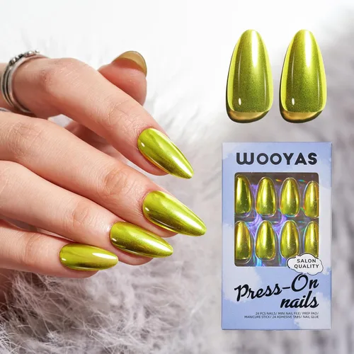 Miniatura 12 de Uñas postizas a presión de color almendra mediana, color dorado champán, brillante, kit de puntas de uñas postizas con mini lima de uñas, ajuste