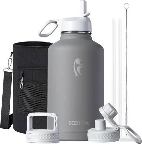 Miniatura 53 de Coolflask Botella de agua de 20 onzas aislada con pajilla, 3 tapas de metal de acero inoxidable, botella de agua de boca ancha para deportes u