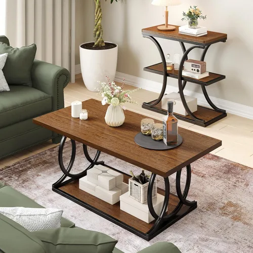Miniatura 7 de BECHAEO Mesa auxiliar industrial moderna para sala de estar, 41.7 pulgadas, parte superior rectangular de madera gruesa con patas de arco de metal