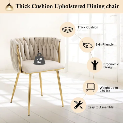 Miniatura 10 de NIOIIKIT - Sillas de comedor modernas de terciopelo con tejido manual, sillas de acento para sala de estar, sillas tapizadas laterales con patas