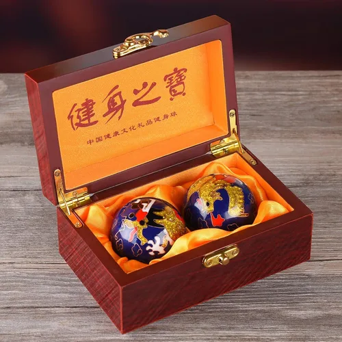 Miniatura 5 de BRABUD Bolas de Baoding de 1.97 pulgadas para ejercicio de mano, bolas de estrés con campanillas, patrón de dragón y fénix, bolas azules con caja