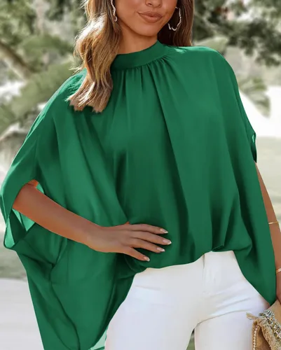 Miniatura 88 de BTFBM Blusas de verano para mujer, cuello alto falso, manga murciélago, holgadas, dobladillo alto y bajo, blusas informales de gran