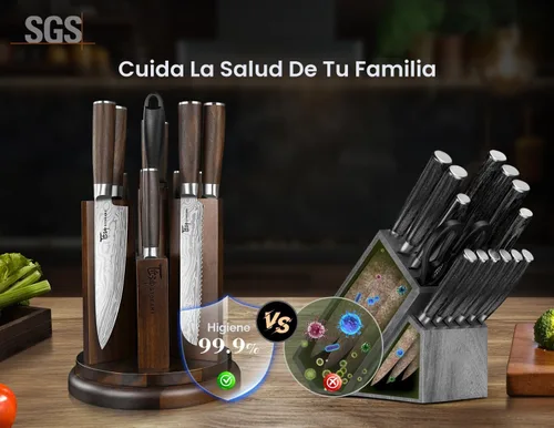Miniatura 3 de SYOKAMI Juego de cuchillos de cocina con bloque magnético y afilador, juego de 14 cuchillos, soporte giratorio de 360°, cuchillos ultra afilados