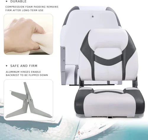 Miniatura 2 de Asiento plegable marino de respaldo bajo premium, tornillos de acero inoxidable incluidos A21-Blanco/Carbón (2 asientos)
