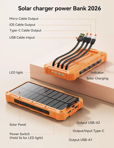 Miniatura 9 de Cargador solar-banco de energía – Cargador de batería solar de 20000 mAh, cargador de batería solar, cables integrados de carga rápida de 20 W