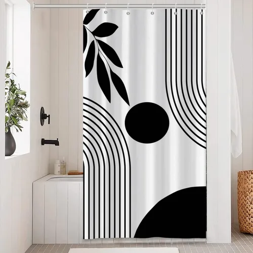 Stall Cortina de Ducha Bohemia para Cuarto de Baño, Cortina de Ducha Moderna de Mediados del Siglo, Negra y Blanca, Geométrica, Minimalista,