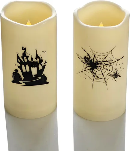 Miniatura 7 de Velas de pilar sin llama de Halloween al aire libre con temporizador diario automático, luces LED eléctricas parpadeantes realistas con calcomanías