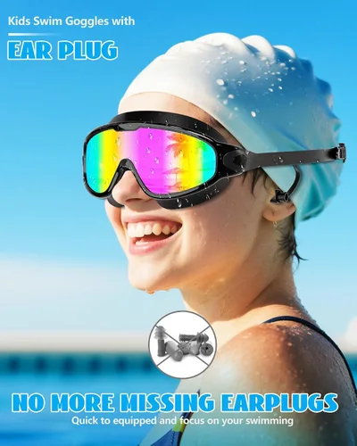 Miniatura 2 de Aegend Nuevo paquete de 2 gafas de natación de visión amplia para niños, gafas antivaho/anti-UV sin fugas con tapones para los oídos para niños de 3