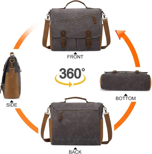 Miniatura 3 de LOVEVOOK Bolso bandolera para hombre de cuero auténtico impermeable de lona retro de 156 pulgadas para laptop para el trabajo la escuela los viajes