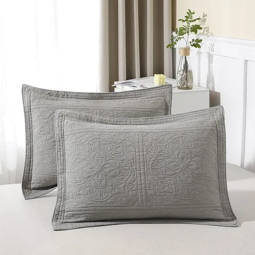 Miniatura 33 de WINLIFE Juego de 2 fundas de almohada acolchadas 100% algodón, estampado floral, tamaño King, color verde