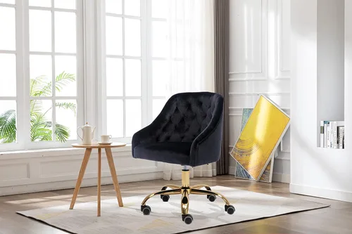 Miniatura 2 de Silla moderna de escritorio para oficina en casa con ruedas, giratoria, altura ajustable de terciopelo, sala de estar, dormitorio (negro)