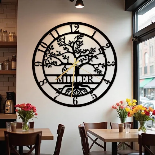 Reloj de pared de metal personalizado con el árbol de la vida, decoración de pared con apellido personalizado, reloj silencioso, decoración del