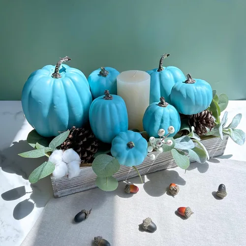 Miniatura 8 de Winlyn 7 Piezas Calabazas Artificiales Surtidas de Color Azul Verdoso para Halloween, Calabazas Decorativas Costeras de Espuma Falsas para Otoño