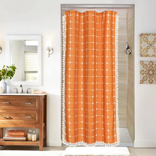 Miniatura 20 de MitoVilla Juego de cortinas de ducha estilo bohemio, modernas cortinas de ducha bohemias para decoración de baño, cortina de ducha de tela de lino