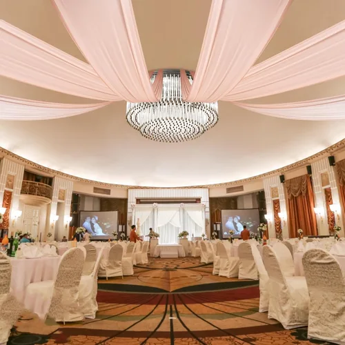 Miniatura 11 de DYRABREST Cortinas de techo de gasa para bodas, 6 paneles de 5 x 20 pies de largo, tela traslúcida de gasa beige para salas de recepción