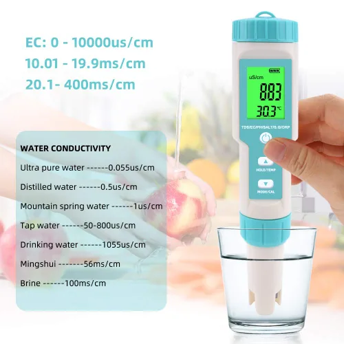 Miniatura 4 de Medidor de pH 7 en 1 Gomass 0.01 Probador de pH de alta precisión digital para agua TDS/EC/Salinidad/Temp/ORP/S. G/PH Probador de pluma de agua Azul