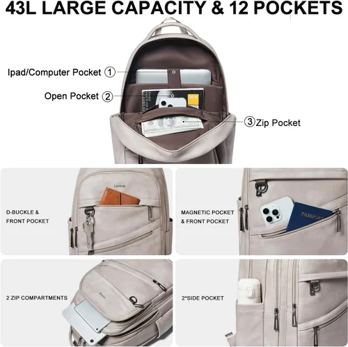 Miniatura 4 de LATMAP Mochila de 43L para mujeres y hombres - Mochila de cuero vegano, bolsa de viaje, maleta de mano, mochila universitaria, para trabajo