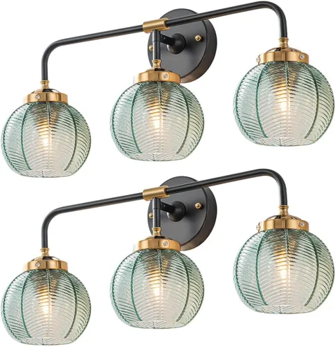 Miniatura 19 de Lámpara de tocador de baño de 3 luces, luz negra de montaje en pared con pantalla de vidrio verde, aplique de pared de mediados de siglo, lámpara