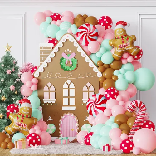 Miniatura 8 de Kit de 440 piezas de globos de Navidad para casa de jengibre, arco de globos marrón y blanco con piruletas, bastones de caramelo, hombre de jengibre