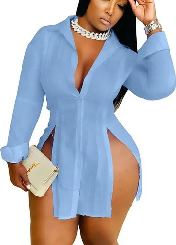 Vestido tipo camisa con botones para mujer, sexy, con abertura lateral, casual, manga larga, cuello ajustado, blusas