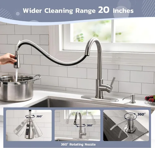 Miniatura 5 de WEWE Grifo de fregadero de cocina con dispensador de jabón, grifo de cocina con rociador extraíble, 3 modos de acero inoxidable, mango único, Níquel