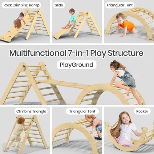 Miniatura 4 de Pikler - Juego de triángulos plegables 7 en 1, juguetes de escalada para niños, gimnasio de selva para bebés con rampa y arco, juego de escalada