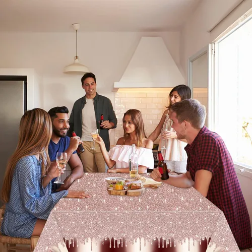 Miniatura 4 de 3 piezas de manteles de plástico con lentejuelas de color oro rosa para fiestas de cumpleaños, con estampado de diamantes de purpurina, fondo
