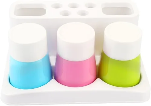 Miniatura 8 de Soporte para cepillo de dientes de 5 agujeros, soporte para pasta de dientes, organizador de baño con 3 tazas de enjuague para conjunto familiar