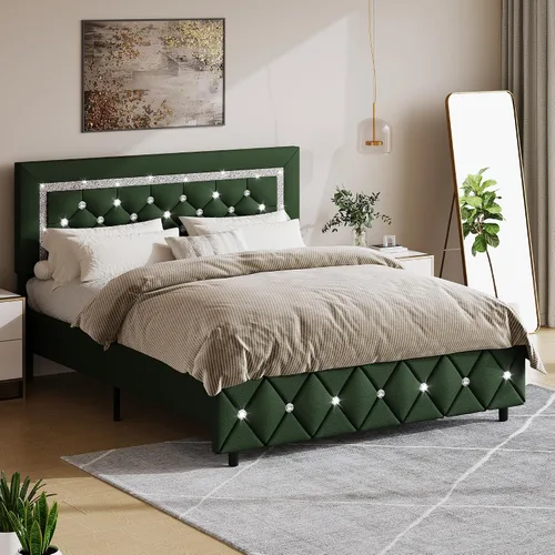 Miniatura 15 de BarnFurin Base de cama y cabecero tamaño King, cama tapizada de piel sintética con diseño capitoné de diamante, base de cama de plataforma moderna