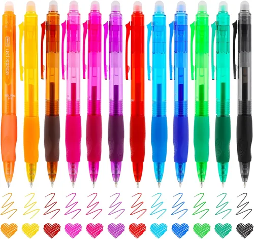 USUAL Bolígrafos de gel borrables de 12 colores de 0.020 in, bolígrafos de gel borrables de punta fina para escribir, dibujar, oficina, planificar
