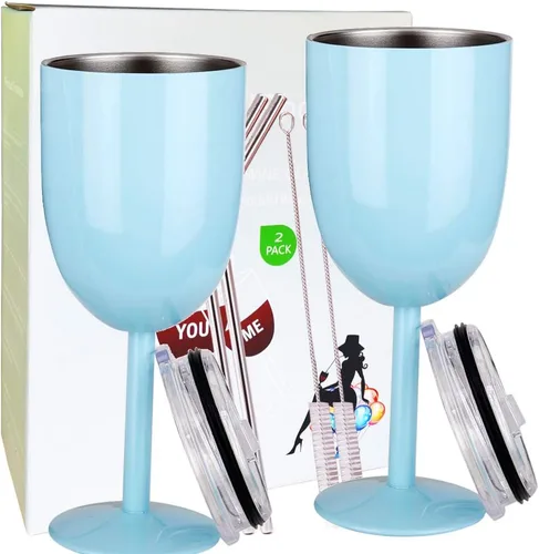 AMZUShome Copas de vino de acero inoxidable (paquete de 2). Vaso de vino de doble pared aislado al vacío con tapa y pajita. Amistad, Navidad, Azul