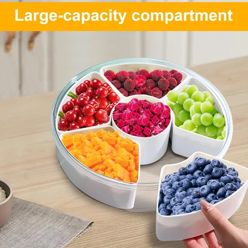 Miniatura 3 de Qivine Bandeja de verduras con tapa para refrigerador, bandeja portátil para verduras con tapa y inmersión, 6 compartimentos divididos bandeja
