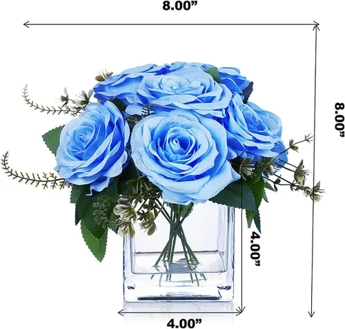 Miniatura 5 de ENOVA FLORAL 9 cabezas de rosas artificiales en jarrón, rosas falsas con jarrón de cristal para decoración (azul)
