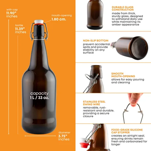 Miniatura 3 de FastRack Botellas de vidrio con tapa abatible, 33 onzas, paquete de 6, botellas de vidrio con tapa abatible ámbar para elaboración casera, bebidas
