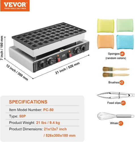 Miniatura 7 de VEVOR Mini panqueques holandés de 110 V, 50 unidades de 1700 W, máquina para hacer gofres antiadherentes, eléctrica comercial, 1.8 pulgadas con 2