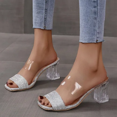 Miniatura 6 de Women Sandals Ladies Shoes Summer Slip On Transparent Glitter Crystal Chunky Heel Sandals Zapatos de gimnasio mujeres