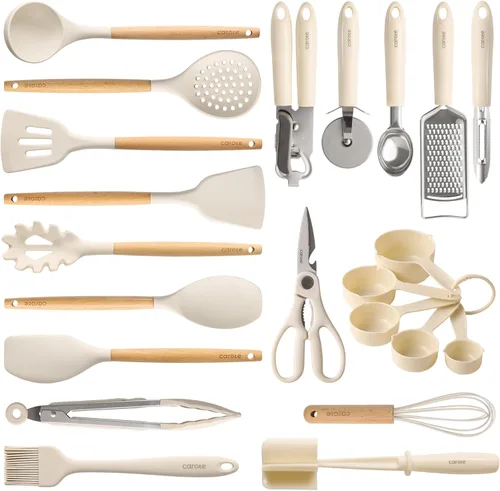 Miniatura 9 de CAROTE Juego de utensilios de cocina de silicona, juego de 10 utensilios de cocina para cocinar, juego de espátulas sin BPA con asas de madera