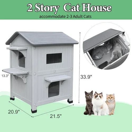 Miniatura 6 de Casa para gatos al aire libre, resistente a la intemperie, casas de plástico para gatos con puerta de escape, 2 pisos para interiores, impermeable