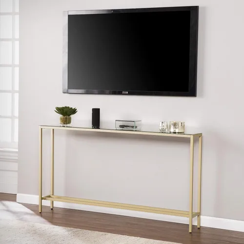 Miniatura 8 de SEI Furniture Darrin Mesa consola estrecha con parte superior de espejo, 56 pulgadas, dorado metálico