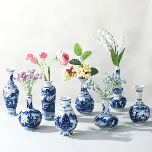 Hushee Juego de 8 jarrones chinoiserie pequeños de color azul y blanco, florero de cerámica azul vintage para decoración de mesa del hogar, centros