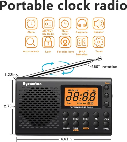 Miniatura 2 de Radio portátil AM/FM/onda corta, radios de bolsillo con pilas, pantalla digital grande, radio reloj con alarma y función de sueño, auriculares
