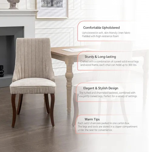 Miniatura 7 de Juego de 2 sillas de comedor, cómodas sillas decorativas tapizadas en tela para cocina y sala de estar, sillas de comedor con acolchado acanalado