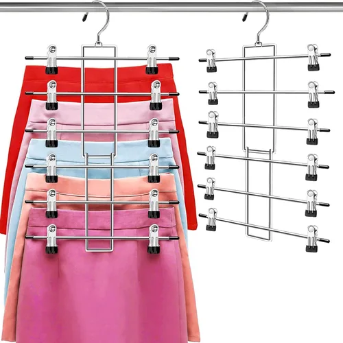Perchas para pantalones con clips, Organizador de armario colgante que ahorra espacio - 6 niveles, Perchas para faldas con gancho giratorio de 360°,
