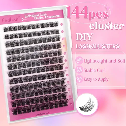 Miniatura 3 de Racimos de pestañas 10-16mm 144 piezas Bandeja mixta Pestañas individuales Rizo D Pestañas individuales en racimo Extensiones de pestañas