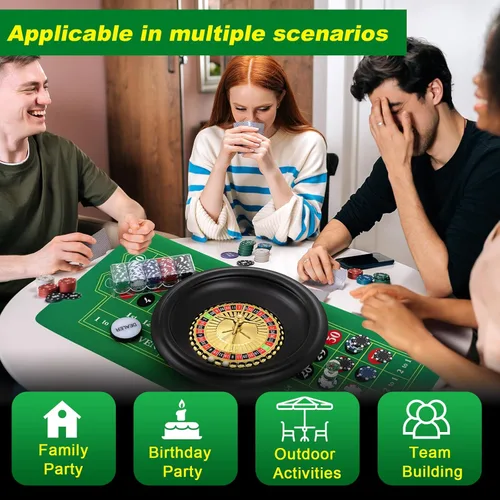 Miniatura 6 de Set de juego de ruleta Lunmon incluye rueda de ruleta negra de 16'' (40 cm), tapete de goma para mesa de 35'' x 16'' (89 cm x 41 cm), 100 fichas