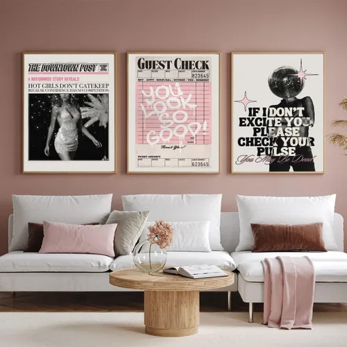 Miniatura 2 de Juego de arte de pared vintage en lienzo rosa con 3 imágenes de chicas geniales "You Look So Good" Póster de pinturas modernas y preparadas